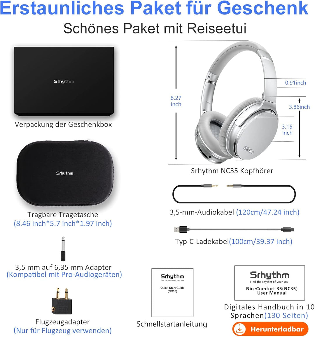 Srhythm NC35 Active Noise Cancelling Kopfhörer Kabellos Bluetooth - LDAC Modus, Schnellladung, 50+ W