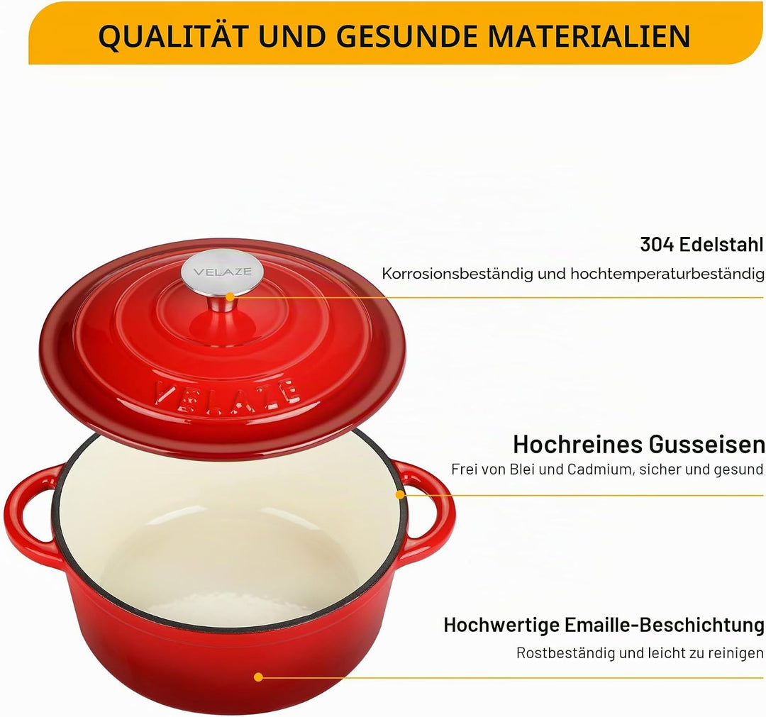 Velaze Gusseisen Topf 20cm, Gusseisen Bräter mit Deckel Backofengeeignet, Schmortopf Induktion, Emai
