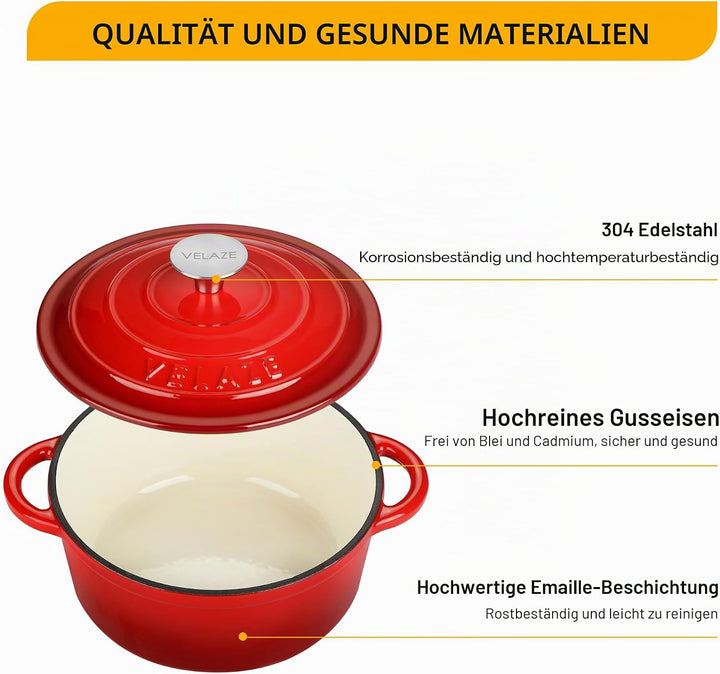 Velaze Gusseisen Topf 20cm, Gusseisen Bräter mit Deckel Backofengeeignet, Schmortopf Induktion, Emai