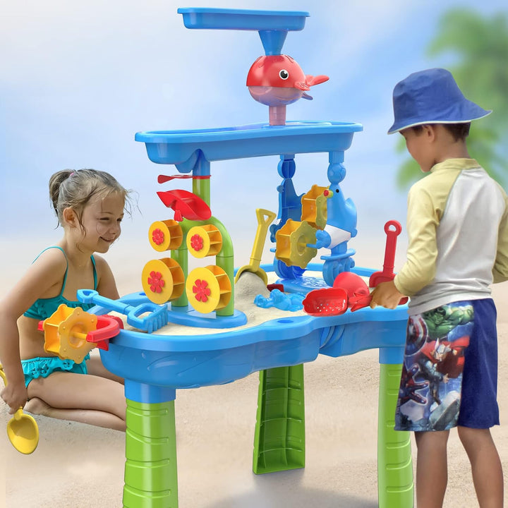 TEMI Wasserspieltisch für Kleinkinder, Sand- und Wassertisch 3-stufiger Outdoor-Spieltisch Sensorik-