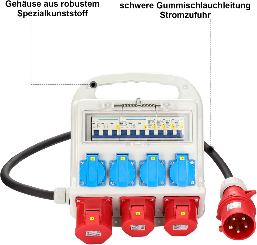 Fiqops Baustromverteiler 32a, Stromverteiler 4x230V+2x16A 400V CEE+1x32A 400V CEE, Baustromverteiler