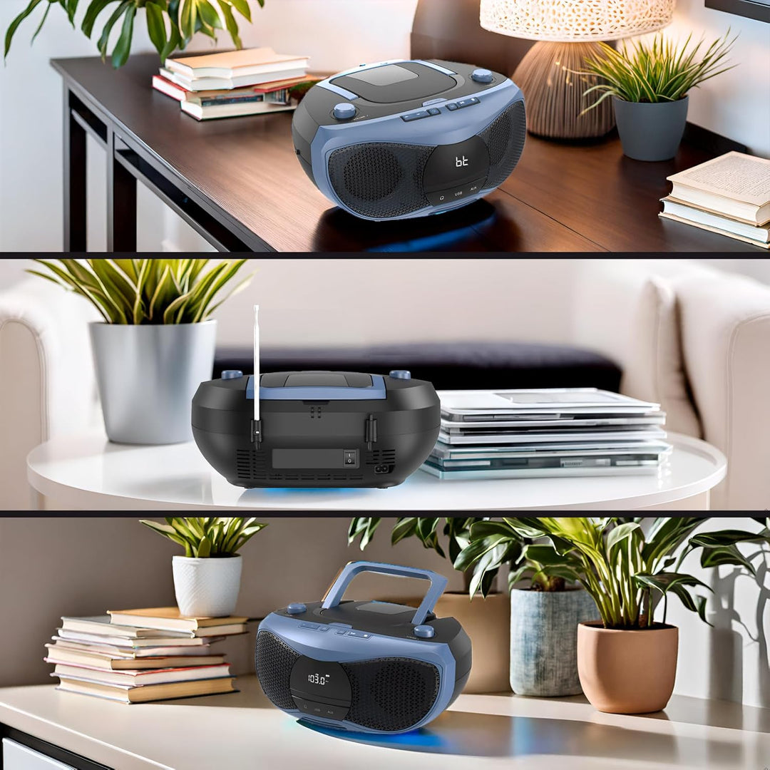 LONPOO Tragbarer CD-Player | Stereo Bluetooth Boombox | FM Radio-Drehknopf | Auto-Deckel-Öffnen-Knop