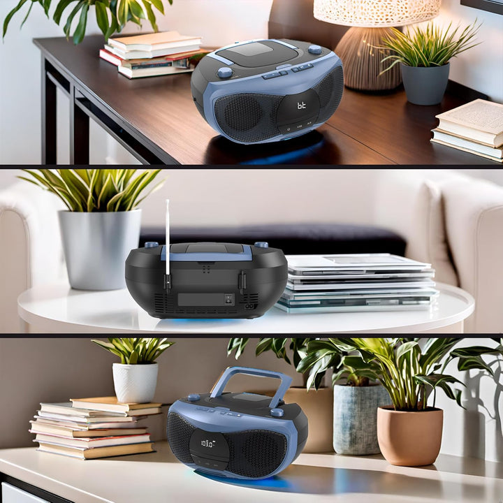 LONPOO Tragbarer CD-Player | Stereo Bluetooth Boombox | FM Radio-Drehknopf | Auto-Deckel-Öffnen-Knop