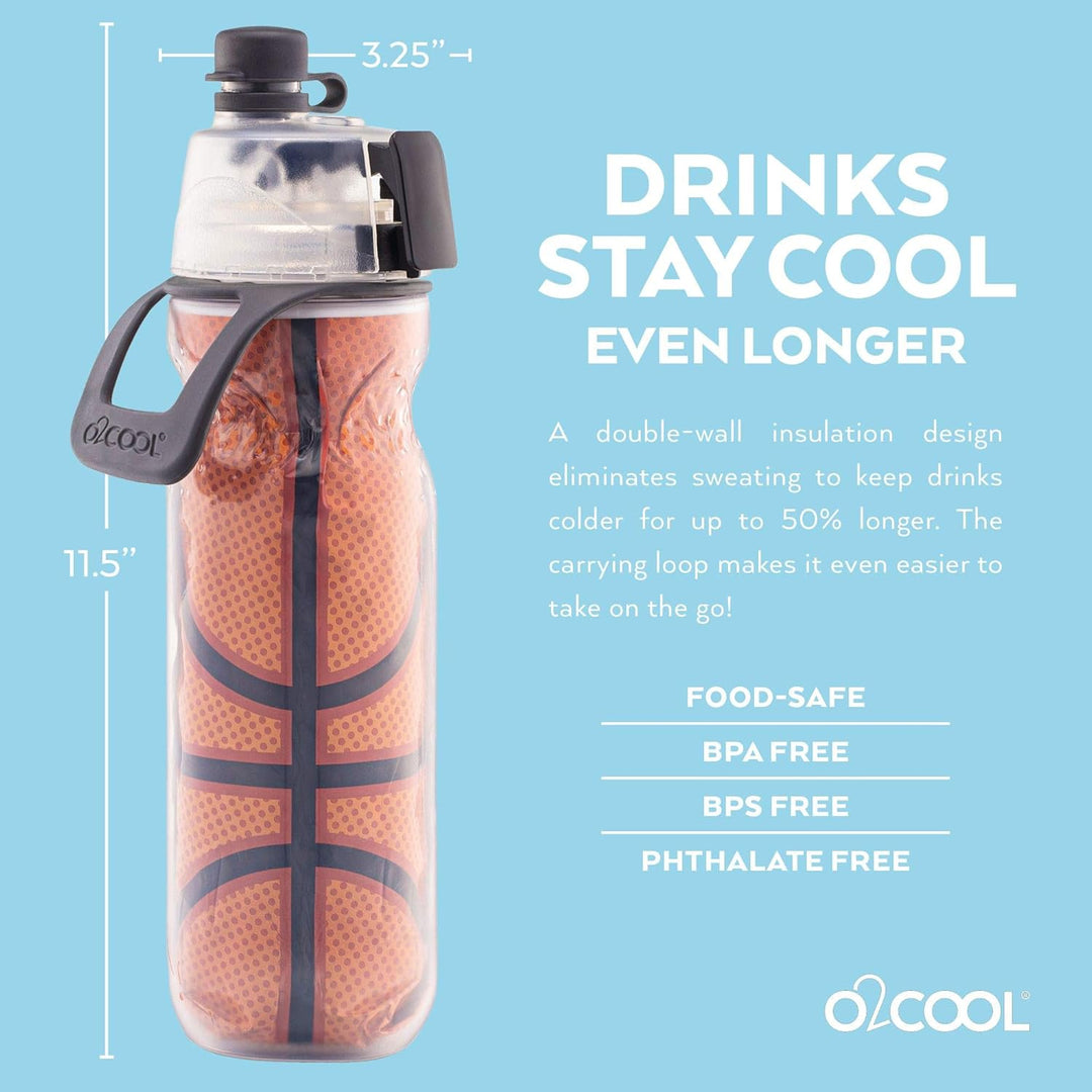 O2COOL Mist N' Sip Isolierte Wasserflasche, 590 ml, 590 ml, Basketball, Basketball