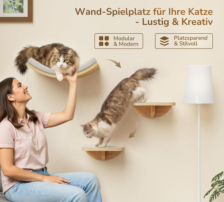 Katzen Kletterwand, Gebogenes Katzen-Wandregal mit Schaumstoffmatte, Wandmontiertes Massivholz Katze