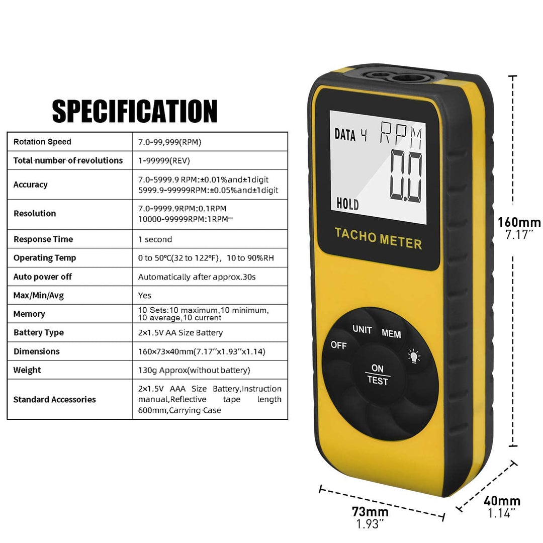 Foto-Drehzahlmesser Berührungslos 7,0-99.999 RPM Geschwindigkeitsmesser, Laser Automotive Tachometer