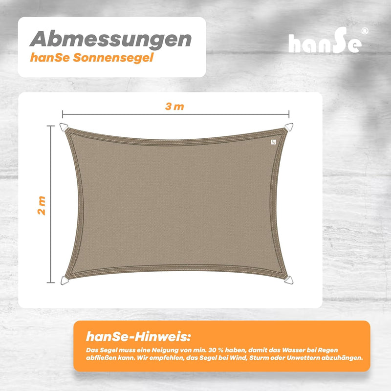 hanSe Sonnensegel rechteckig, Segeltuch Rechteck, 2x3m in Taupe, aus HDPE Gewebe, wetterbeständig, m