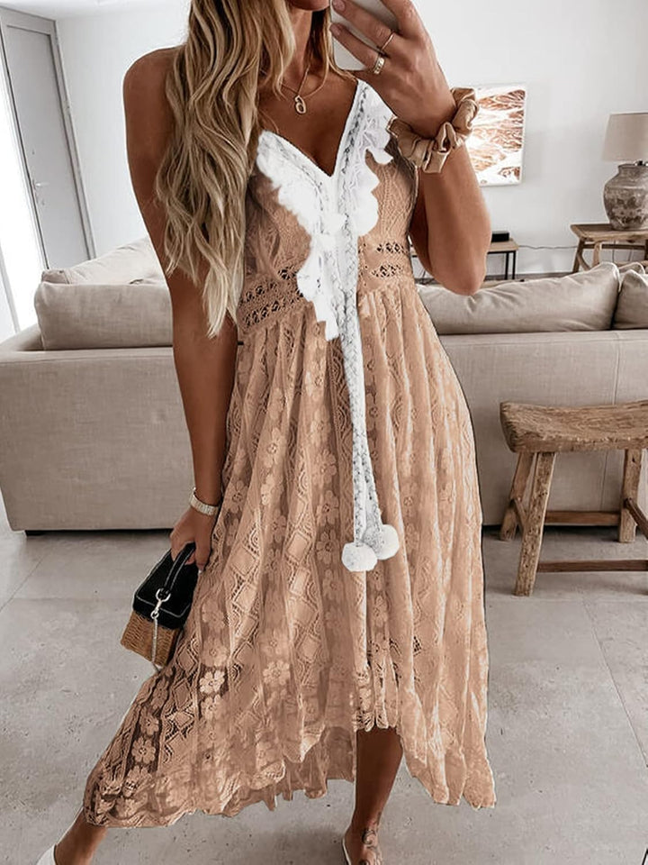 CUPSHE Damen Sommerkleid V Ausschnitt Floral Spitze Quasten Spaghetti Trägerkleid Freizeitkleider Hi