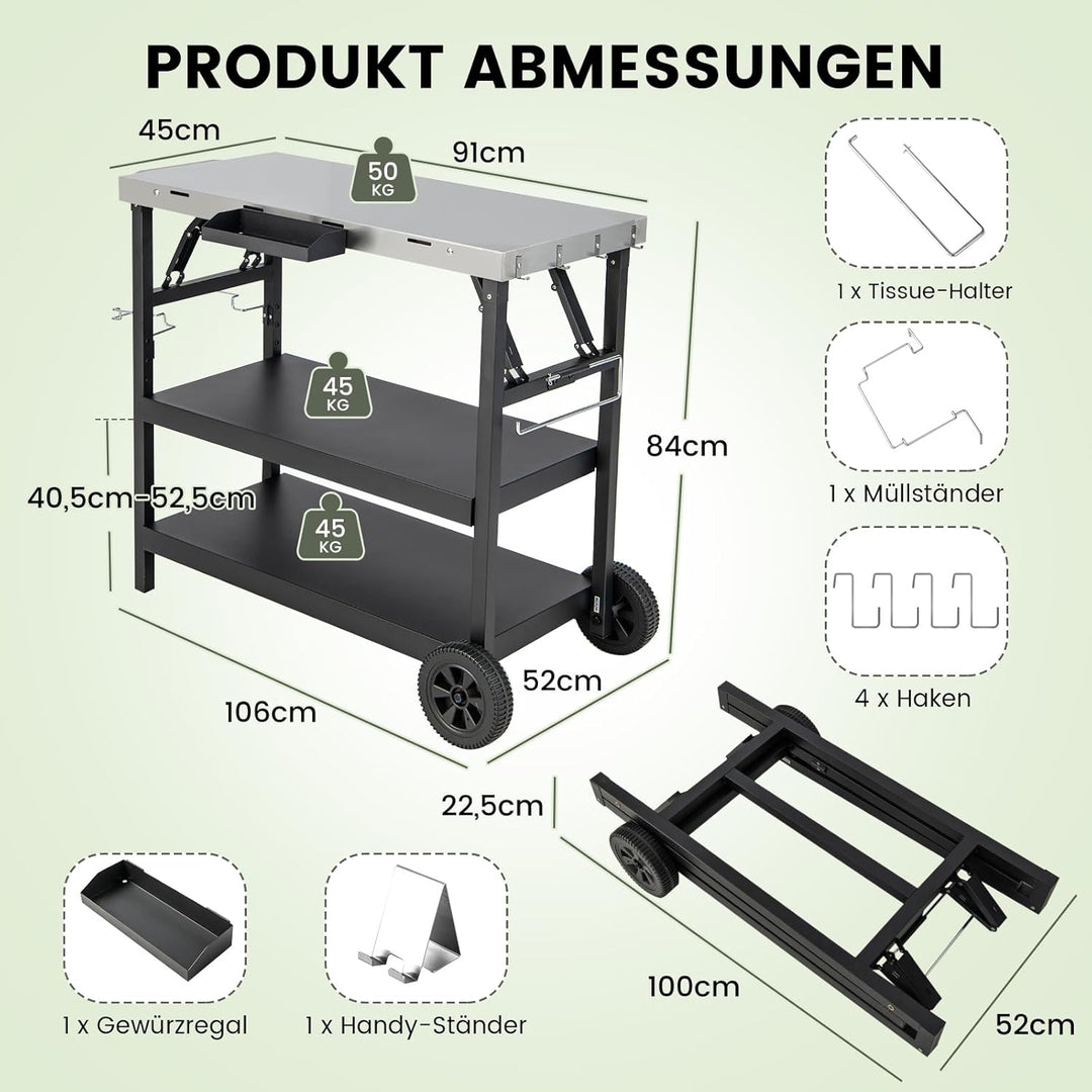 GYMAX 3-Ebenen Grilltisch klappbar, Servierwagen für die Zubereitung von Speisen, BBQ Werktisch mit