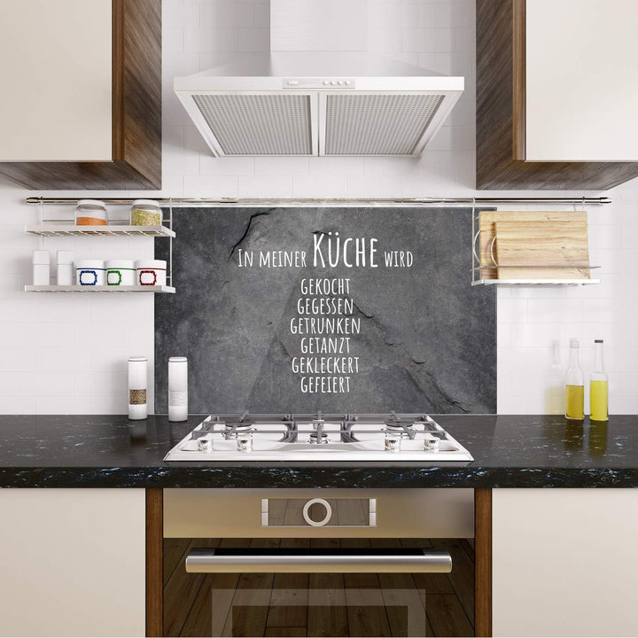 GRAZDesign Spritzschutz Küche Glas Granitoptik, Glasplatte Küche lustiger Spruch, Küchenrückwand Gla