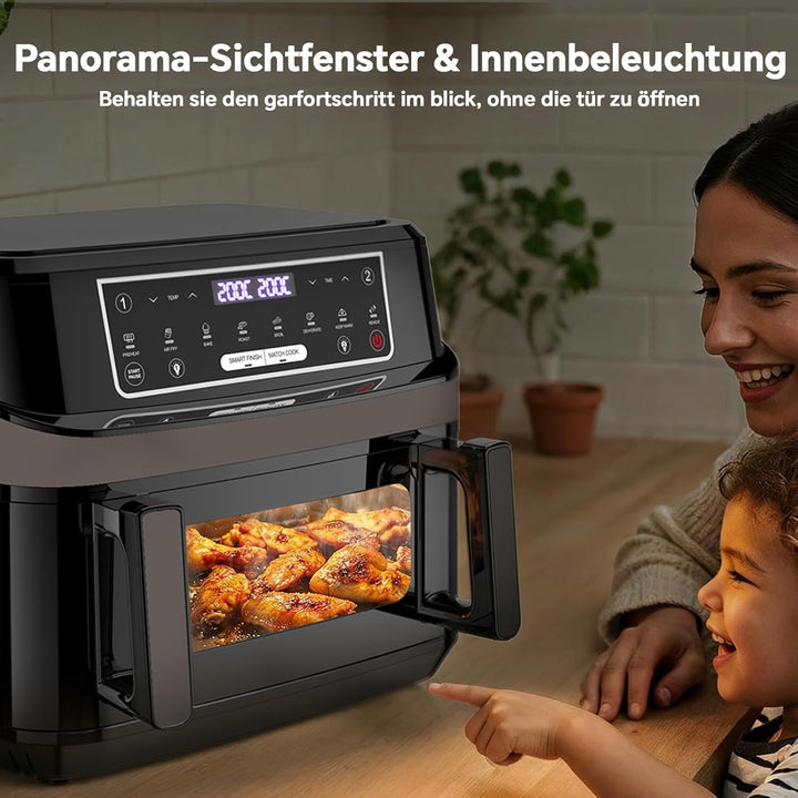 Heissluftfritteuse 12L XXL 2-in-1 Dual-Zone-Technologie, 2600W Doppel-Heizelement Air Fryer mit Sich