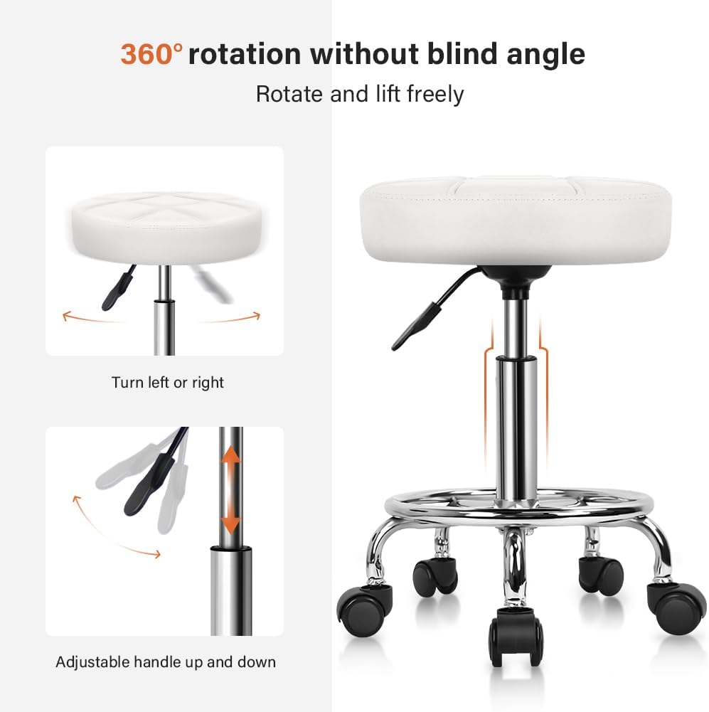 KKTONER Rollhocker Arbeitshocker Barhocker höhenverstellbar 49-64cm drehbar aus Kunstleder Weiss, We