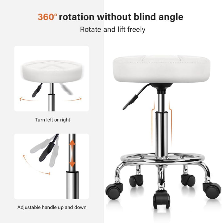 KKTONER Rollhocker Arbeitshocker Barhocker höhenverstellbar 49-64cm drehbar aus Kunstleder Weiss, We