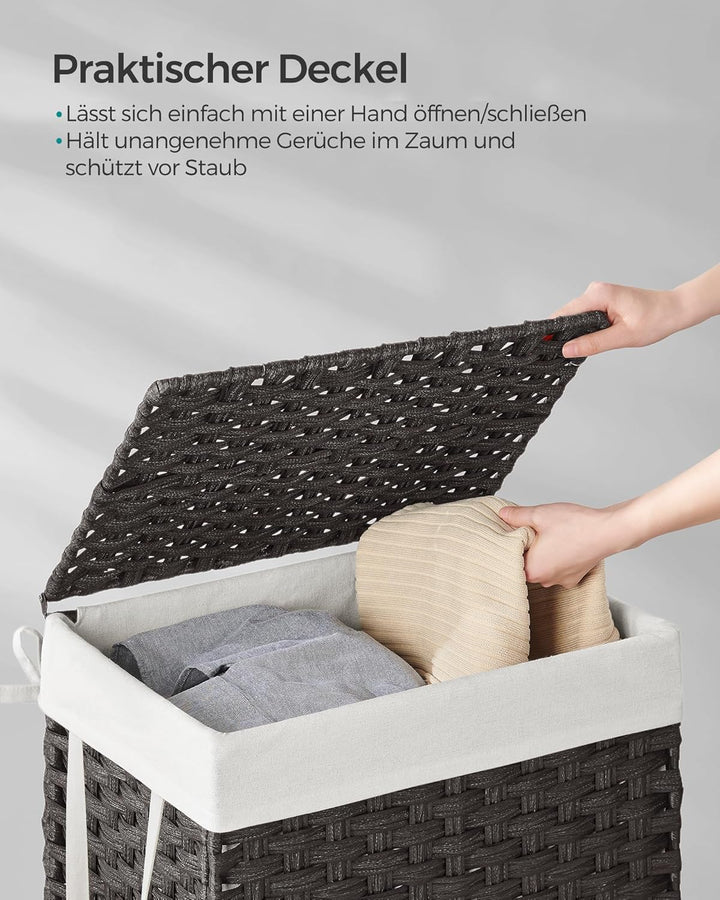 SONGMICS Wäschekorb 90 Liter, handgeflochten, Wäschesammler aus synthetischem Rattan, mit Deckel und
