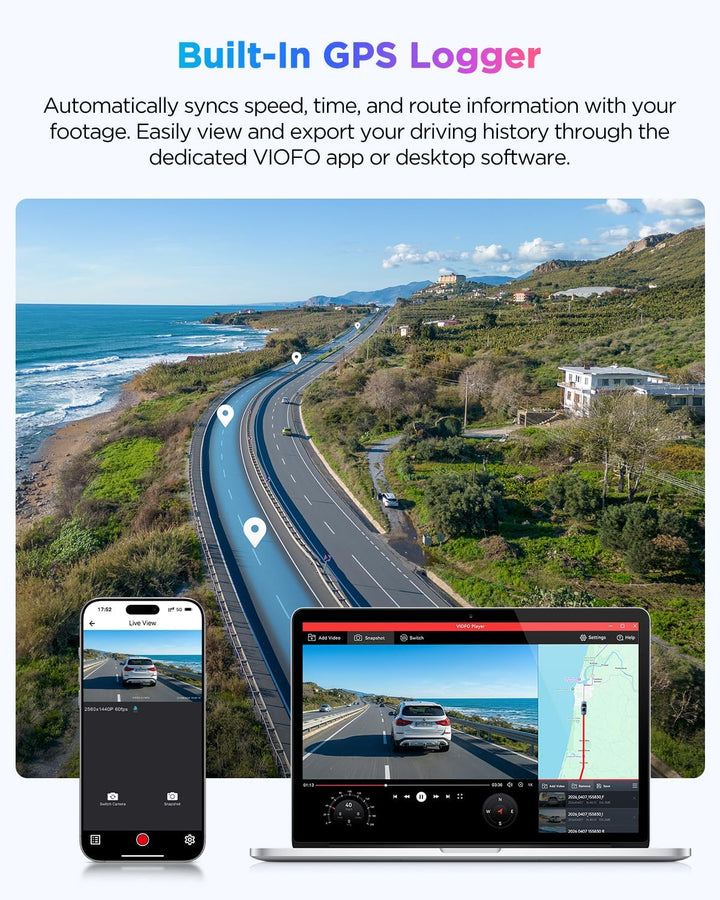 VIOFO A119 V3 Dashcam 2K 60fps mit GPS, 24 Std. Puffer Parkmodus Autokamera, Nur Frontscheibe 2560x1