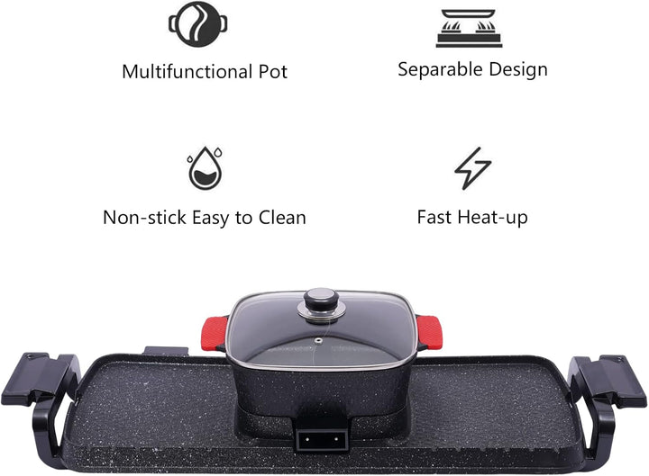 2 in 1 Elektrischer Hot Pot Grill, 1100W+2200W Multifunktionale BBQ Hot Pot, Korean Barbecue Hot Pot