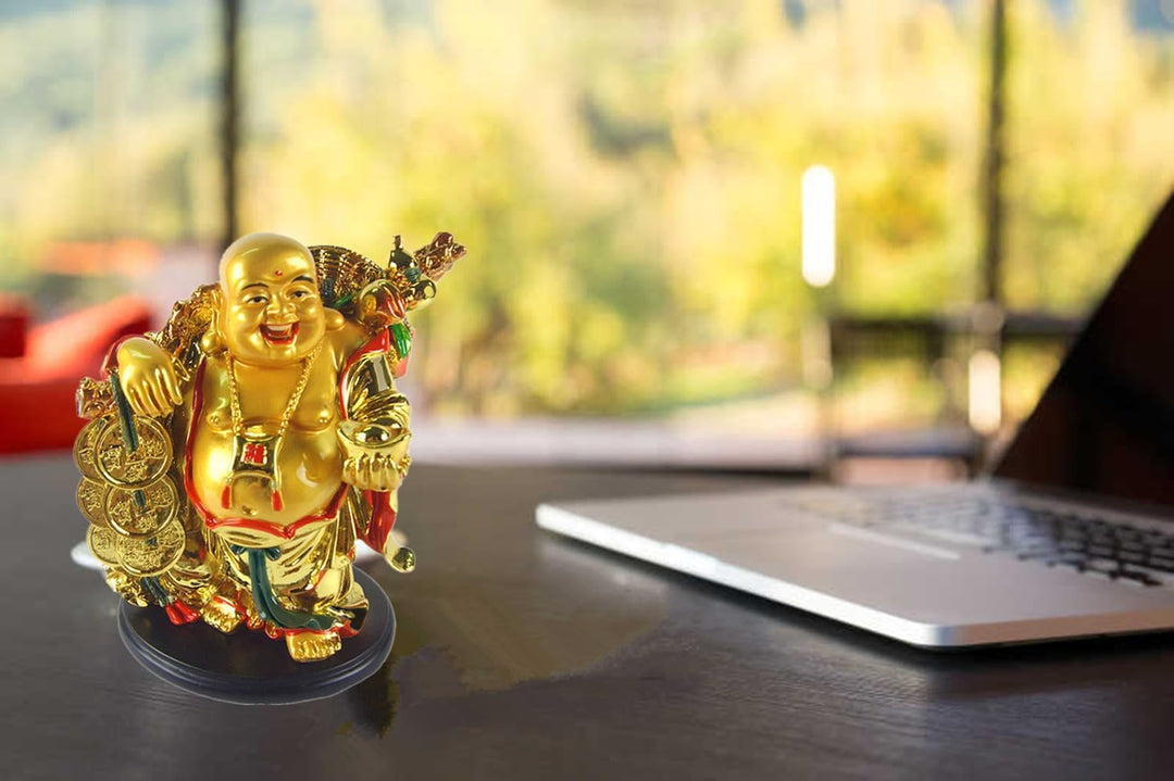 Betterdecor- A Golden Happy Buddha (Laughing Buddha) with a Ingot and Money for Feng Shui or Gifts