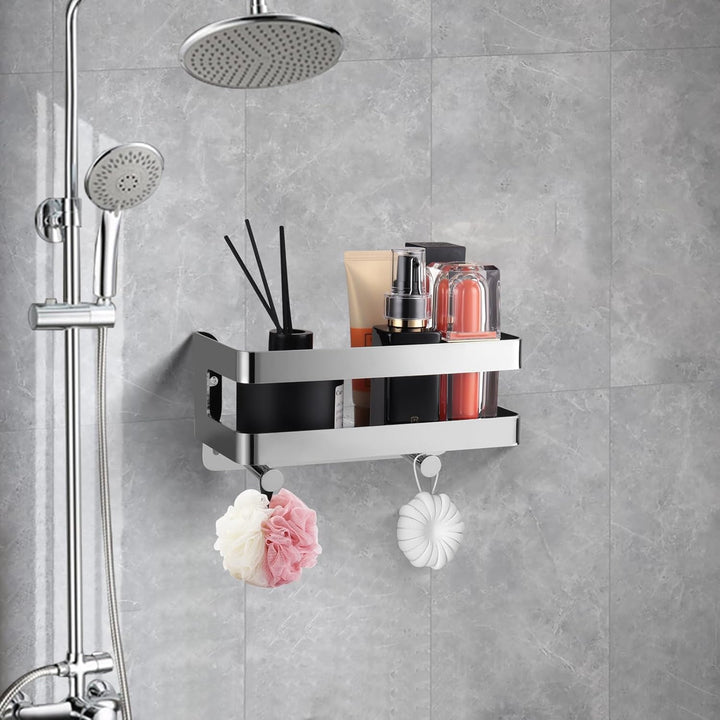 Duschablage Edelstahl Badezimmer Organizer, Duschregal mit Haken für Shampoo und Duschgel (Silber) (