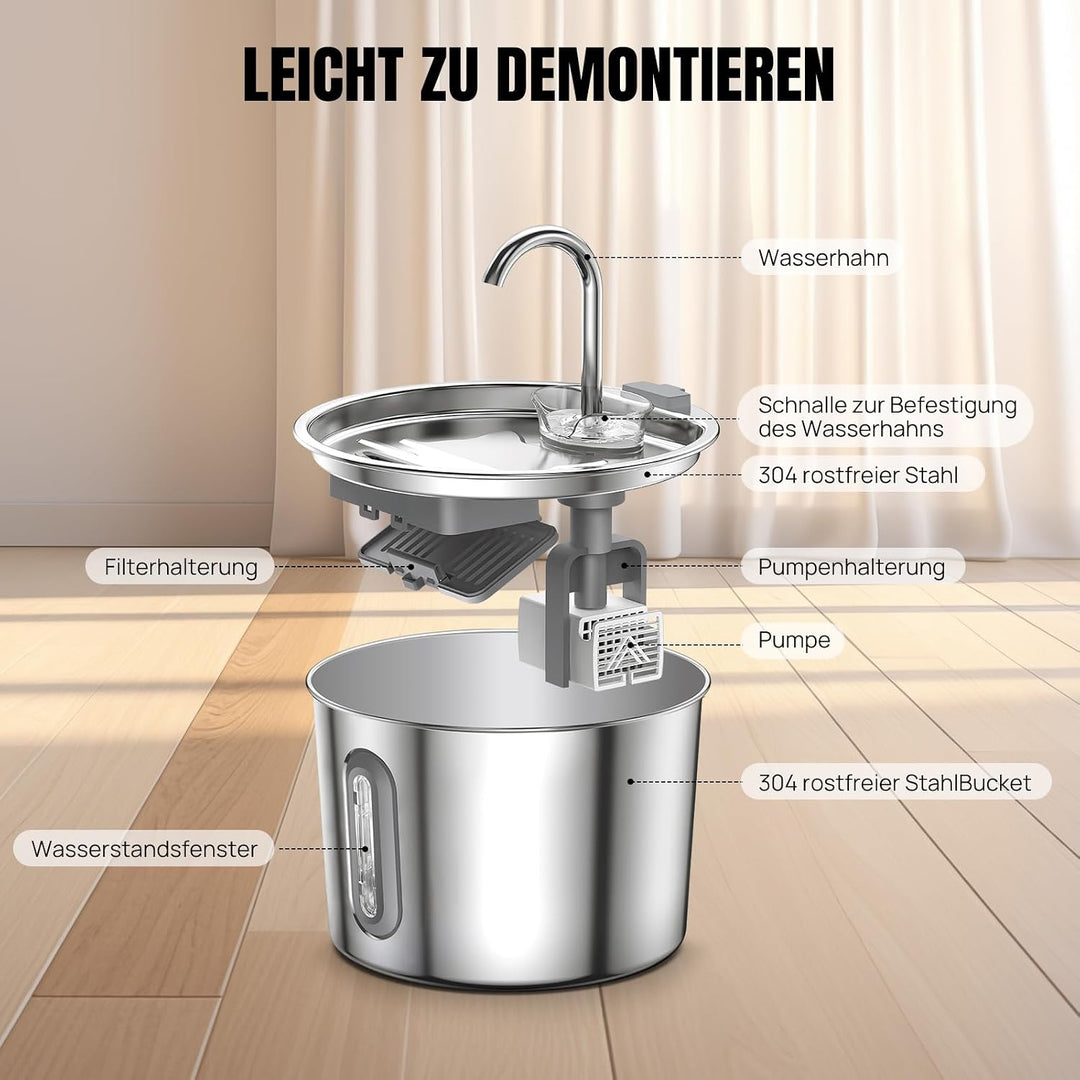 2.2L Edelstahl Trinkbrunnen Katzenbrunnen für Katze und Hunde Leise Trinkbrunnen mit 3-Stufen Filter