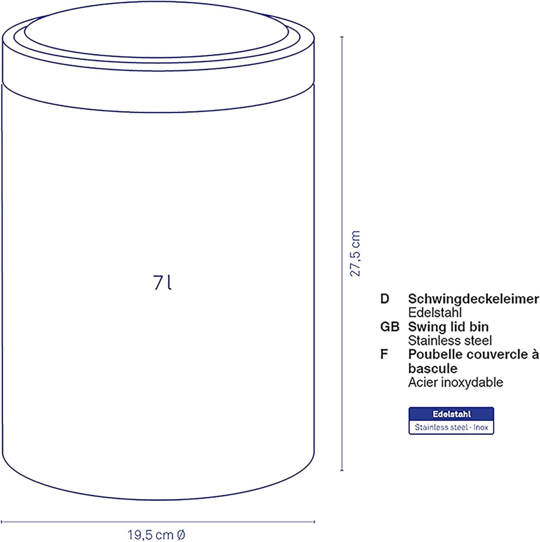 KELA 21382, Schwingdeckeleimer 7,0 l, Edelstahl, Ari, Silber Matt, 19.5 x 19.5 x 27.5 cm Silber Matt