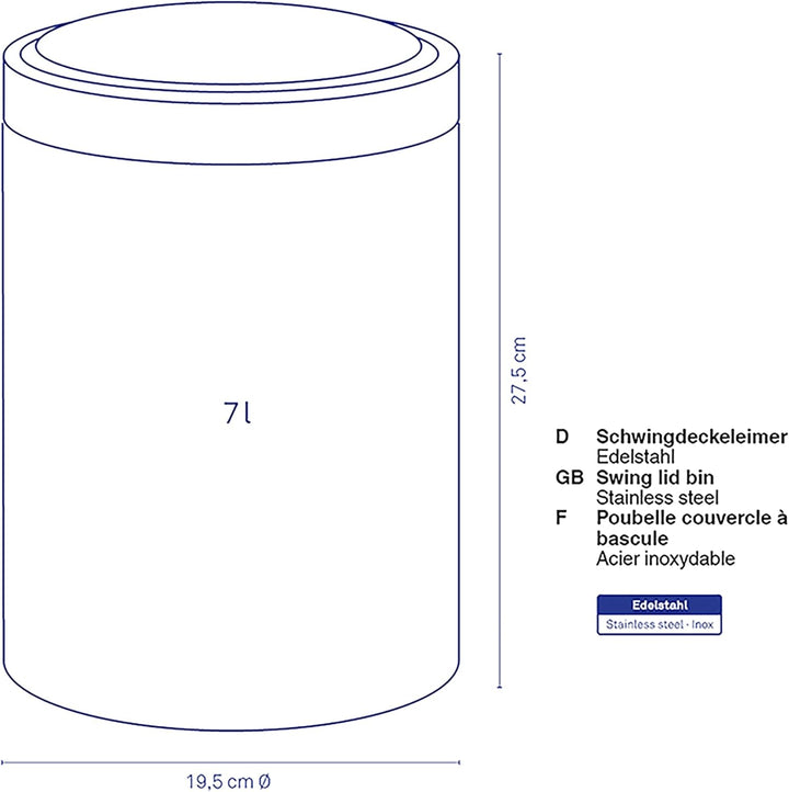 KELA 21382, Schwingdeckeleimer 7,0 l, Edelstahl, Ari, Silber Matt, 19.5 x 19.5 x 27.5 cm Silber Matt