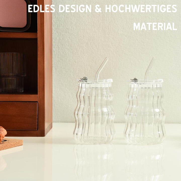 VITEVER 2 Stück 530ml Latte Macchiato Gläser mit Deckel und Strohhalm, Eiskaffee Gläser, Longdrinkgl