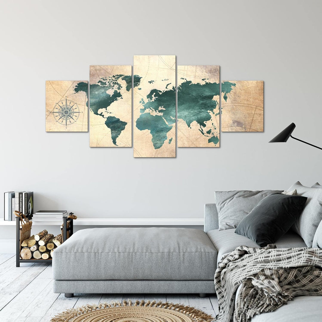 Runa Art - Bilder Weltkarte 200 x 100 cm 5 Teilig XXL Wanddekoration Design Grün braun 026051a 200 x