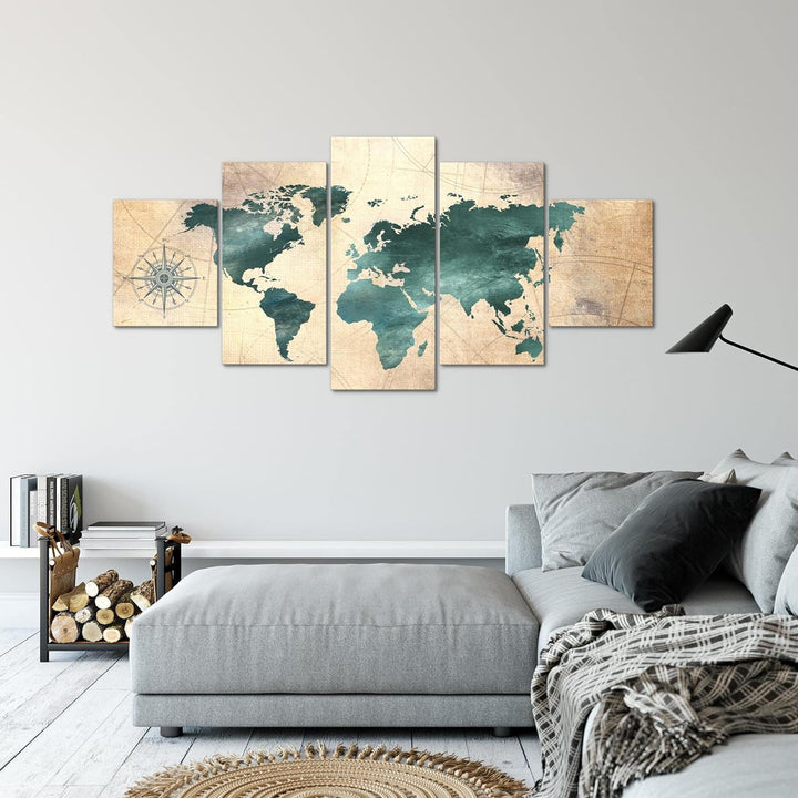 Runa Art - Bilder Weltkarte 200 x 100 cm 5 Teilig XXL Wanddekoration Design Grün braun 026051a 200 x