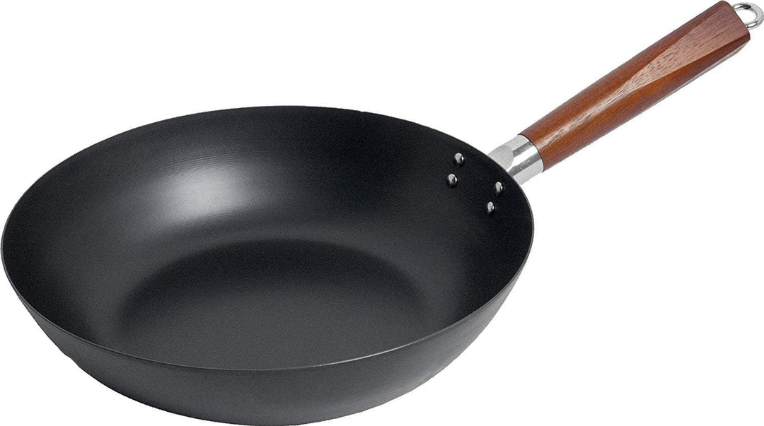 Wok Pfanne flacher Boden Ø 30 cm Carbon Stahl „Kochen für Zwei“ für alle Herdarten mit Holzgriff und