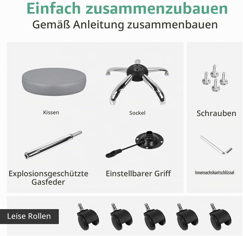 FURWOO Mehrzweck Rollhocker Rundhocker mit Rollen für Spa Verstellbarer Zeichenhocker (grau), Grau