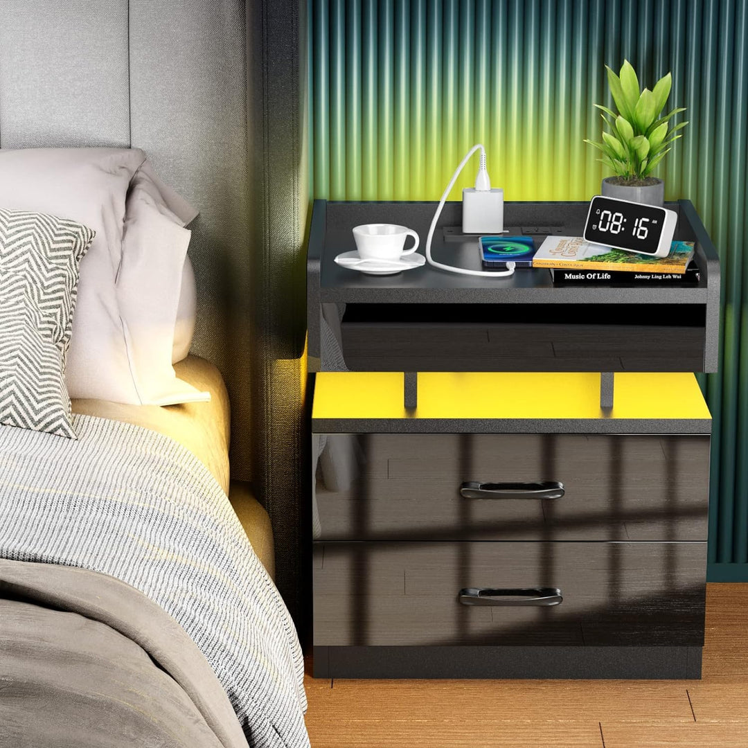 PIPIPOXER Nachttisch Schwarz mit Steckdose, Nachtschrank Hochglanz Nachtkommode 2 Schubladen mit Led