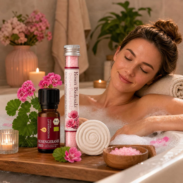 Wellness Geschenkset für Frauen mit Bio Rosengeranienöl, Rosen Badesalz &amp; Duftstein | Wellness Set f
