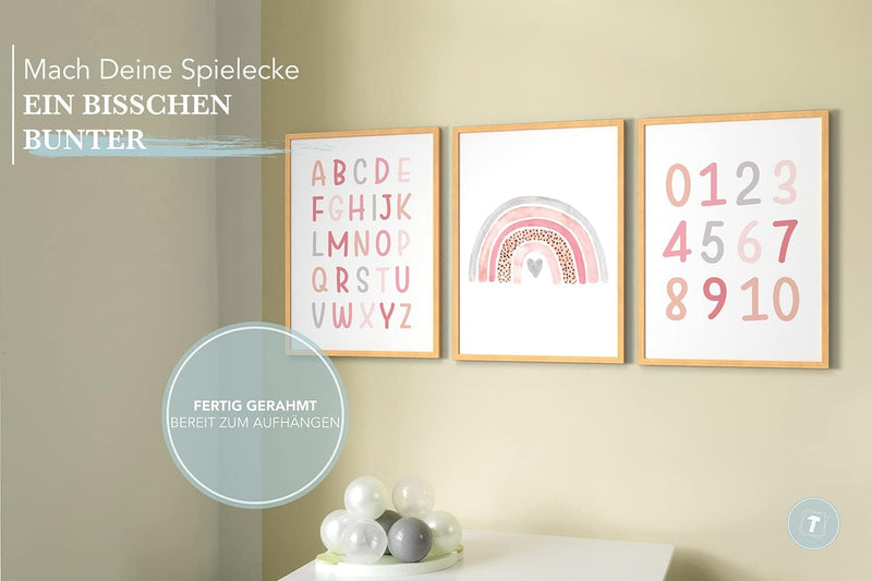 Papierschmiede® Kinderbilder 3er Set Lernposter, A3 gerahmt in Holzrahmen (Natur), Geschenk für Mädc