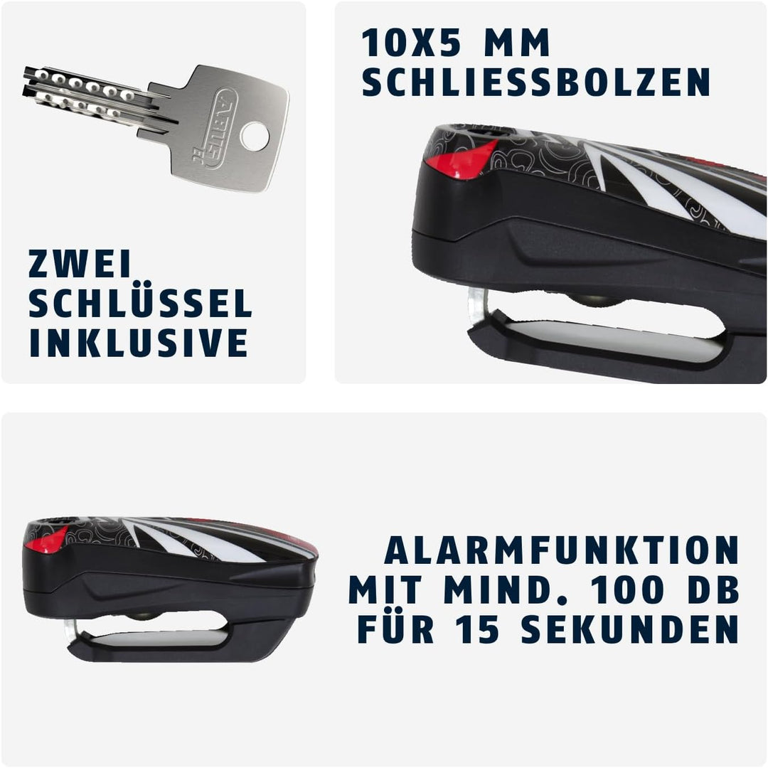 ABUS Bremsscheibenschloss Detecto 7000 RS1 – Motorradschloss mit Alarm – flame black one size Schwar