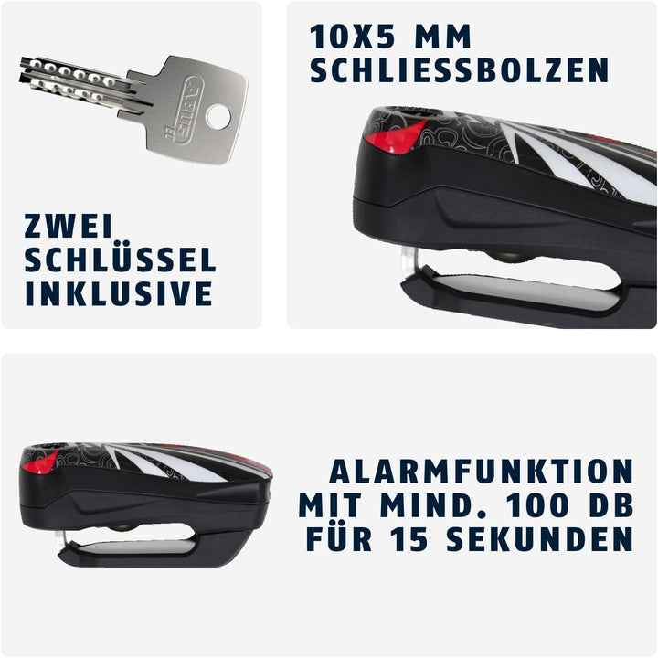 ABUS Bremsscheibenschloss Detecto 7000 RS1 – Motorradschloss mit Alarm – flame black one size Schwar