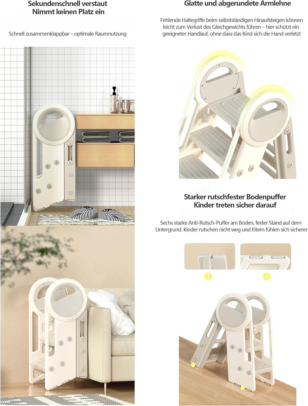 Klappbarer Kindertritt, 2-3 Stufen, 65 cm Höhe, 34x35 cm Trittfläche, bis 75 kg, Weiss/Grau, Kinderl