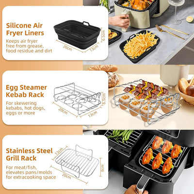 Air Fryer Liner Zubehör Silikon Dual Zone Faltbar 8 Stück inkl. Gestell, Handschuhe, Spatel, Bürste