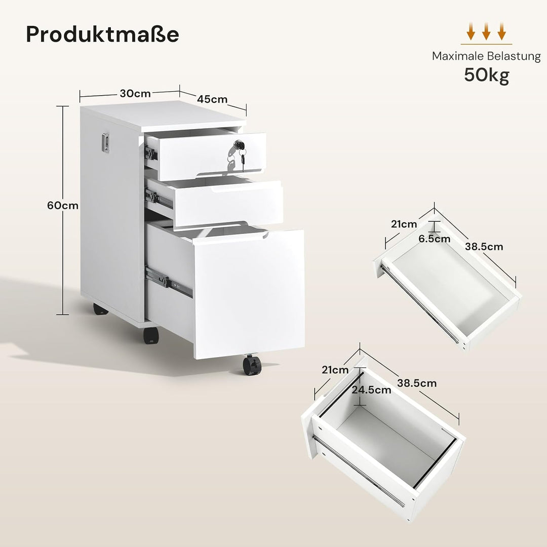 CLIPOP Rollcontainer abschliessbar, 3 Schubladen, 5 Rollen，30*45*60cm Holz | Für A4/Letter, Hängereg