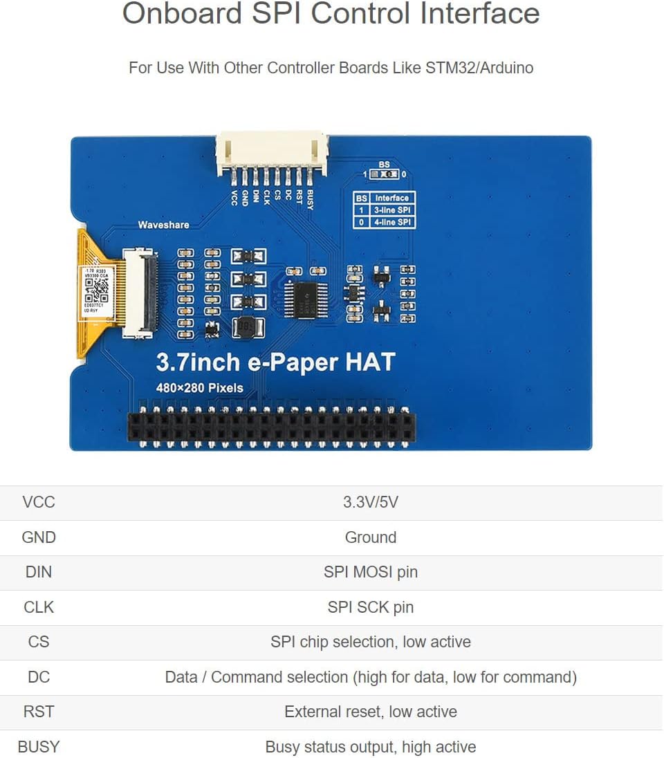 Waveshare 3.7inch E-Paper E-Ink Display HAT for Raspberry Pi with 480×280 Pixels Black/White 4 Grey