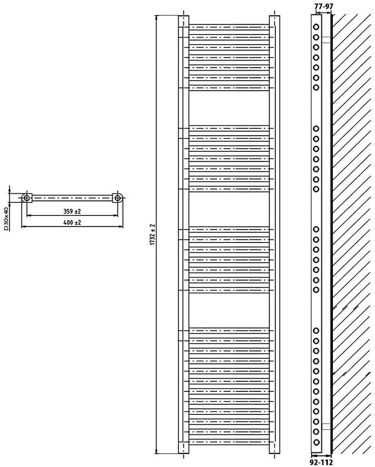 Heizkörper Badheizkörper Handtuchwärmer mit Seitenanschluss unten weiss (1732 x 400 mm) (647 Watt na