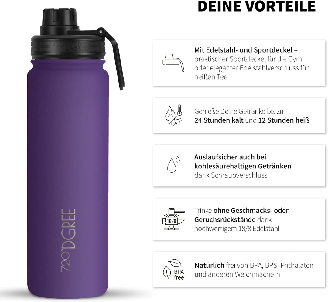 720°DGREE Edelstahl Trinkflasche “noLimit” – 710ml - Auslaufsicher, Kohlensäure geeignet, BPA-Frei -