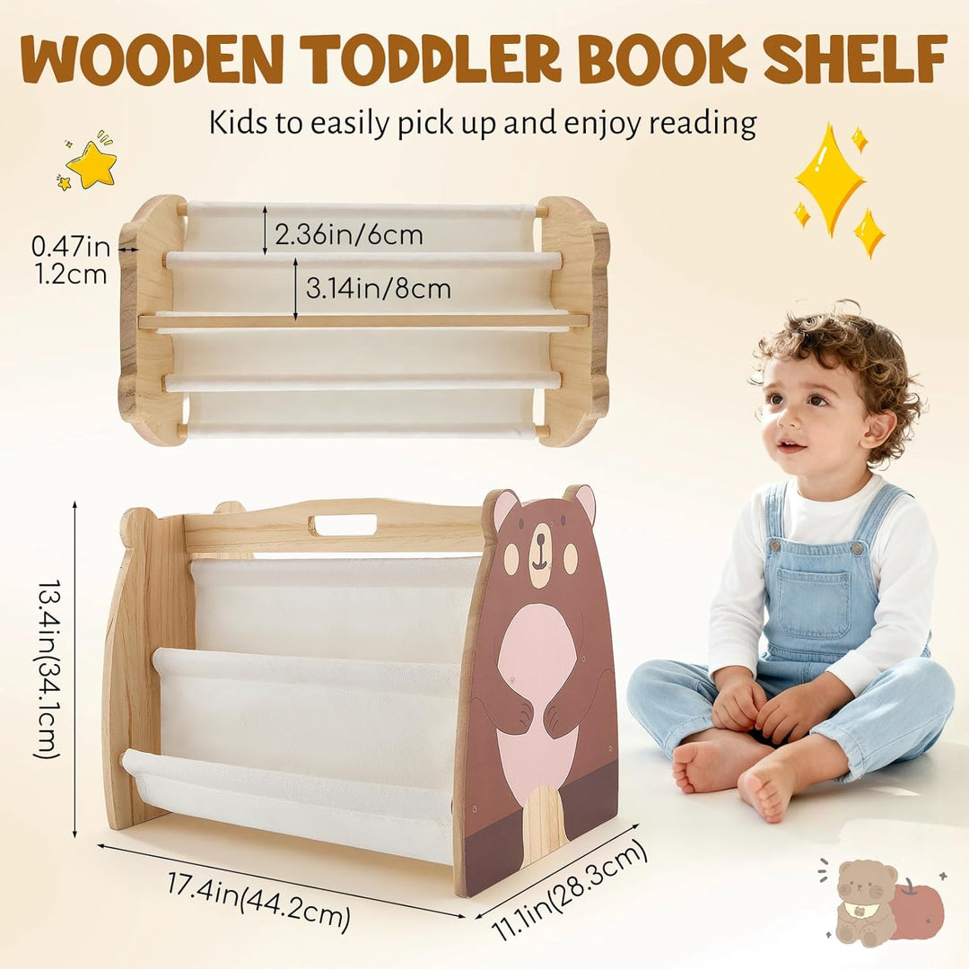 Bücherregal Kinder, Montessori Kinder Buchständer aus Holz mit 4 Ablagen, Kinderregal für Buchaufbew