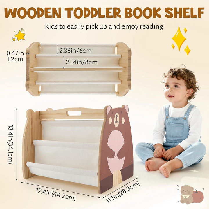 Bücherregal Kinder, Montessori Kinder Buchständer aus Holz mit 4 Ablagen, Kinderregal für Buchaufbew