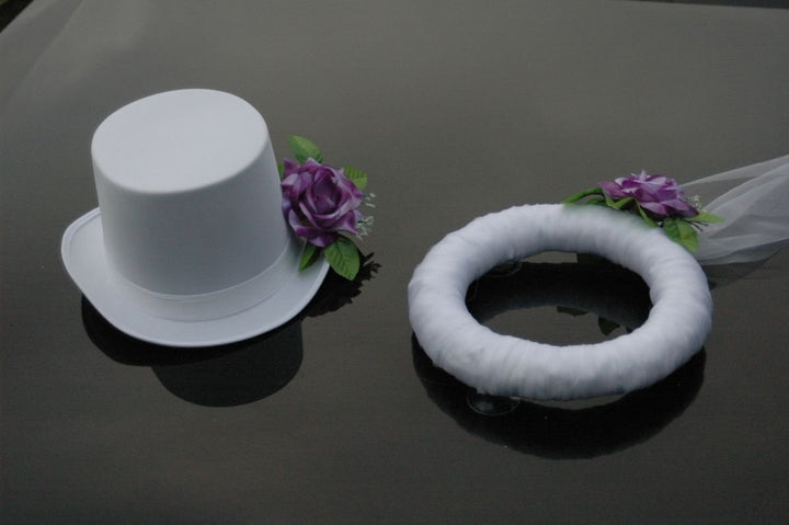 Schleier UND Hut Autoschmuck Rose Car Dekoration Hochzeit Wedding ®Auto-schmuck (Lila/Weiss) Lila /
