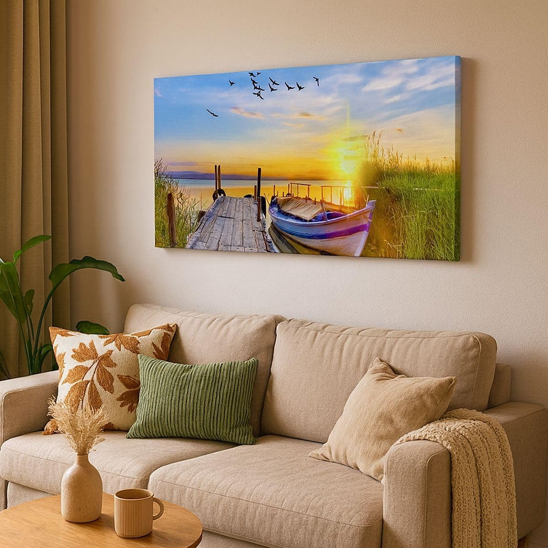 Wandbilder Dekoration Wohnzimmer See Boot Wasser Panorama Bilder auf Leinwand 120x50cm Leinwandbild