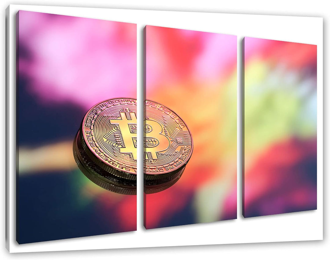 Bitcoin BTC bunte Darstellungals Leinwandbild 3 teilig | Grösse: 120x80 cm | Wandbild | Kunstdruck |