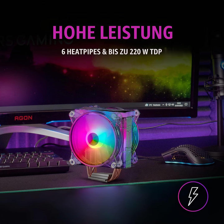 Mars Gaming MCPU66, Dreifach ARGB CPU Kühlkörper, 6 Heatpipes HCT, TDP 220W, 2 Lüfter 12cm, Schwarz,