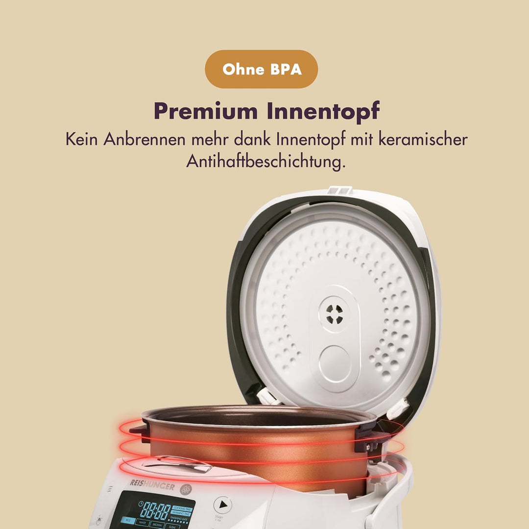 Reishunger Digitaler Reiskocher & Dampfgarer Grau + Gratis Kochbuch – Warmhaltefunktion, Timer & Pre