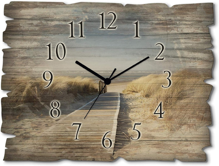 ARTLAND Wanduhr ohne Tickgeräusche aus Holz Quarzuhr 40x30 cm Rechteckig Lautlos Strand Meer Nordsee