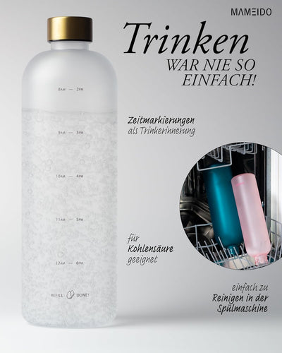 MAMEIDO Trinkflasche 1,5l & 1l Kohlensäure geeignet, auslaufsichere Trinkflasche mit Zeitmarkierung